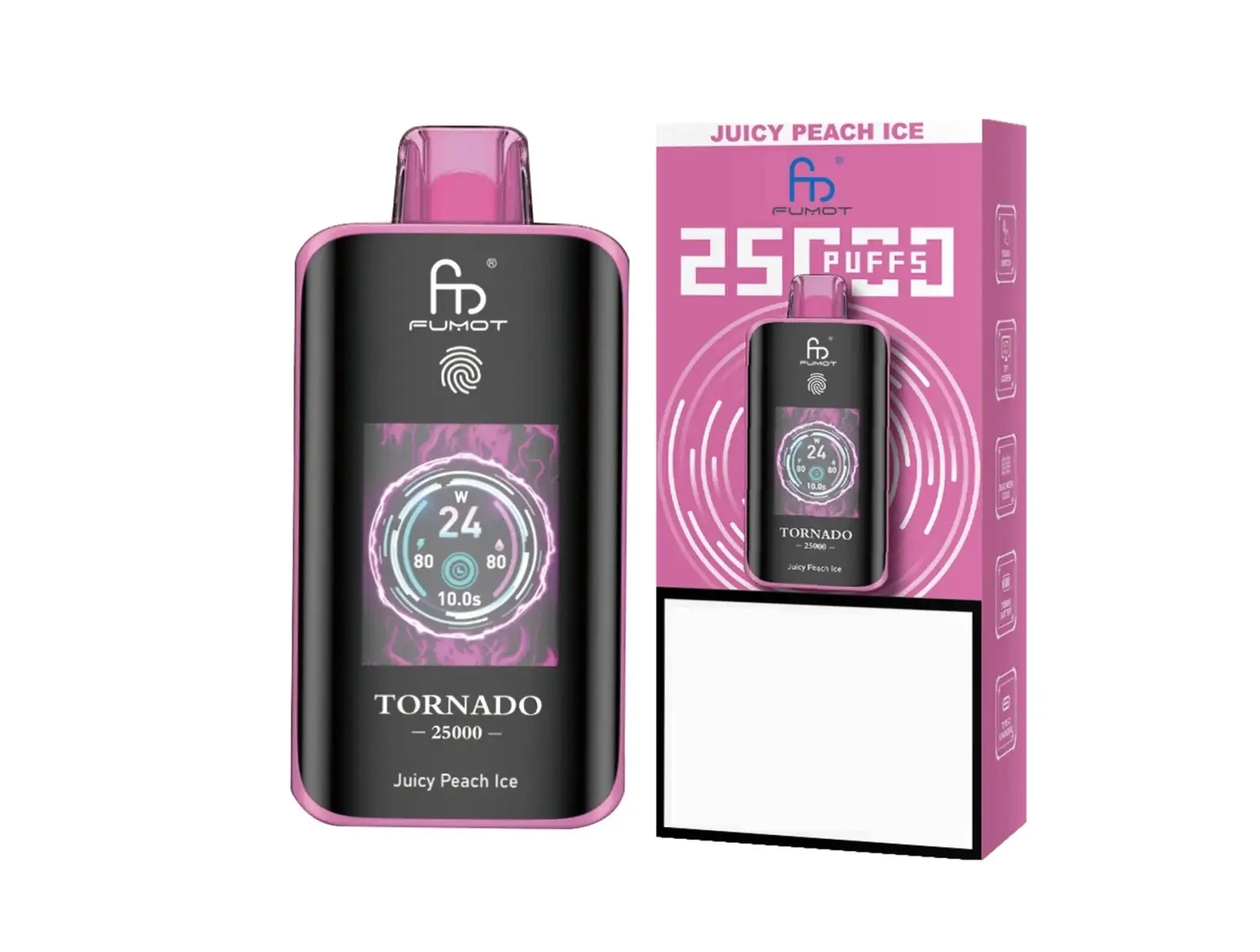 Fumot Tornado 25000 Verpackung mit QR-Code und Scratch-Code zur Echtheitsprüfung